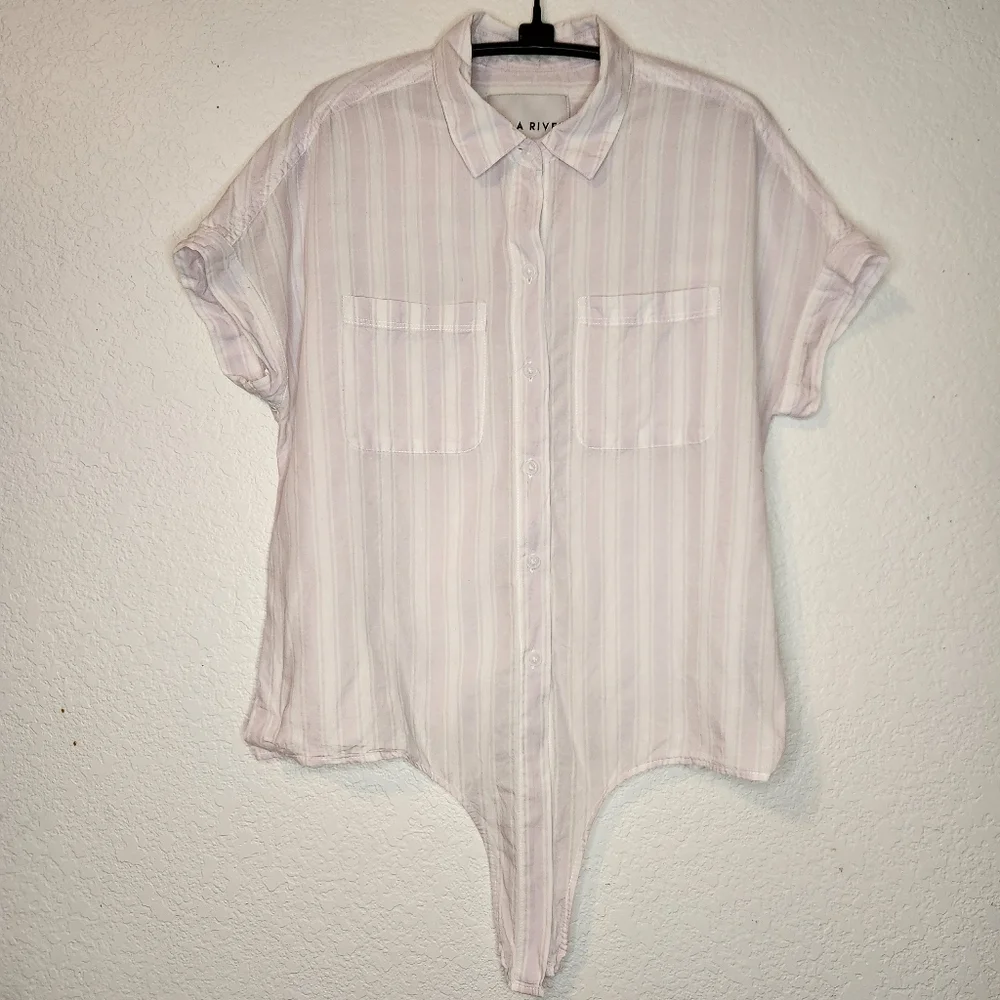 Lola River Striped Short Sleeve‎ Button-Up Shirt with Front Tie, Size S